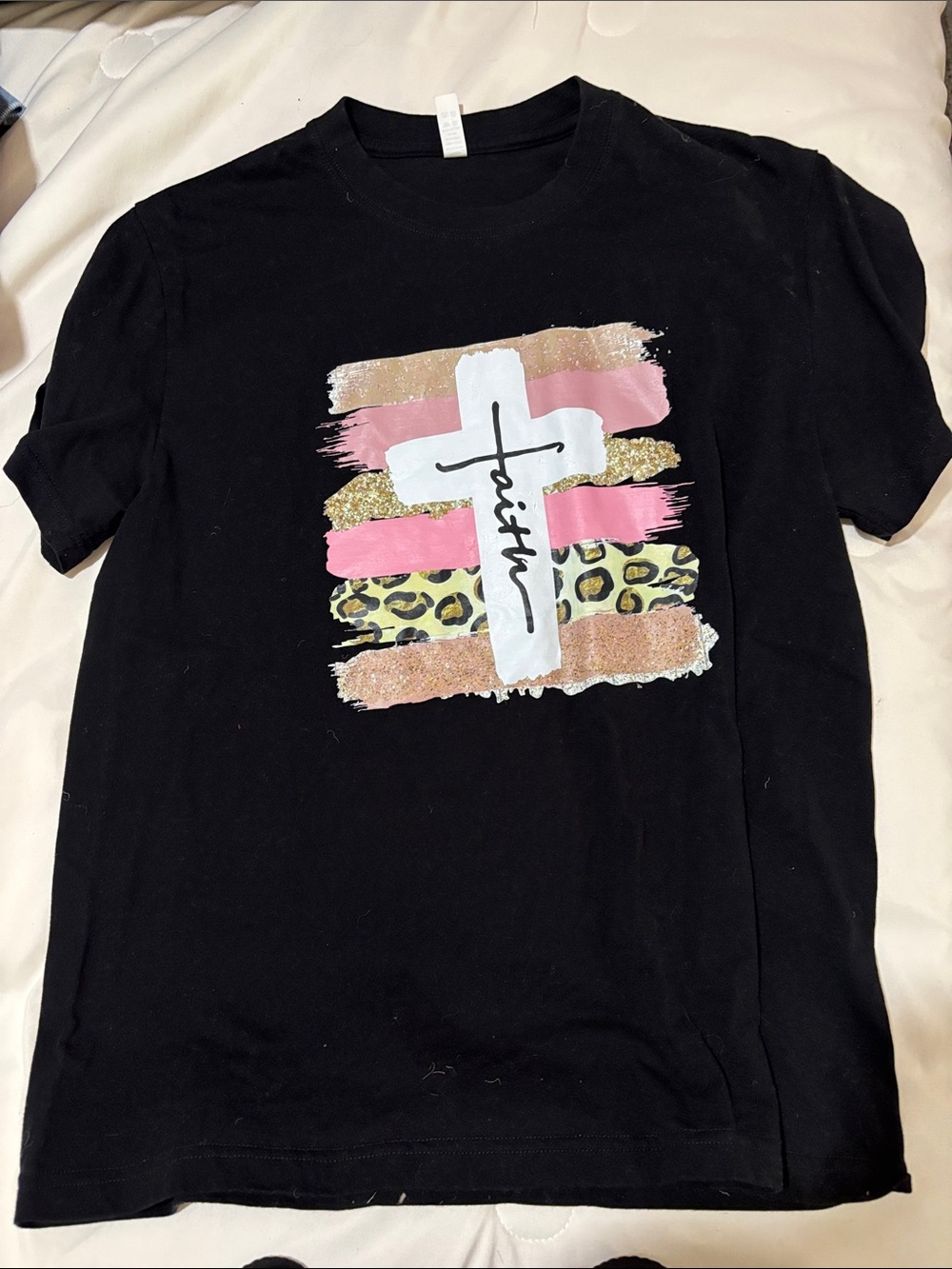 Faith Cross Graphic Tee - Black with Pink, Gold & Leopard